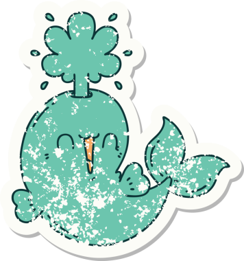 Dövme stili eski bir çıkartma. Bir insan tarafından çizilmiş mutlu, fışkırtan balina karakteri.