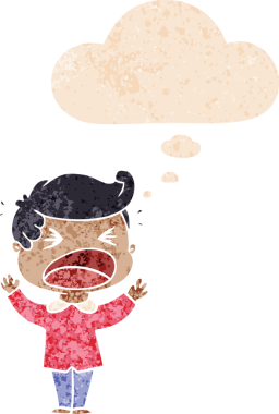 Düşünce baloncuğu içinde bağıran bir çizgi film karakteri bir insan tarafından çizilmiş dertli retro stili.