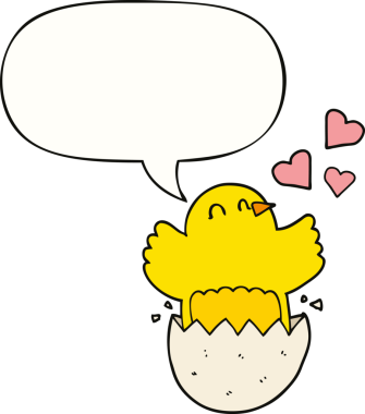 Bir insan tarafından çizilmiş konuşma baloncuğu olan, yumurtadan çıkan tatlı bir karikatür.