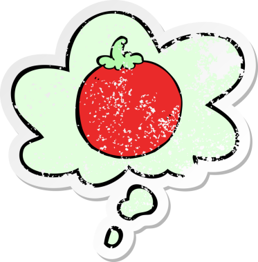 Düşünce baloncuklu çizgi film domatesleri insan tarafından çizilmiş yıpranmış bir çıkartma gibi.