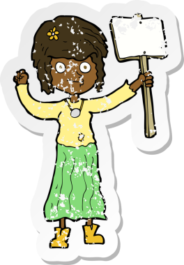 Bir insan tarafından çizilmiş protesto tabelası olan hippi bir kızın gerilimli çıkartması.