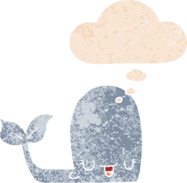 Düşünce baloncuklu çizgi film mutlu balina grunge sıkıntılı retro dokuma bir insan tarafından çizilmiş