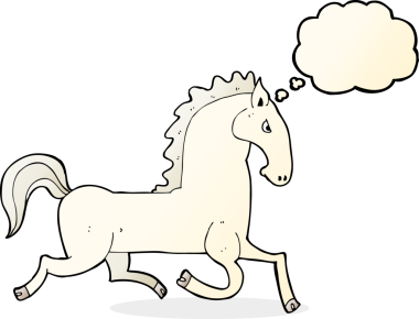 Bir insan tarafından çizilmiş düşünce balonlu beyaz aygır.