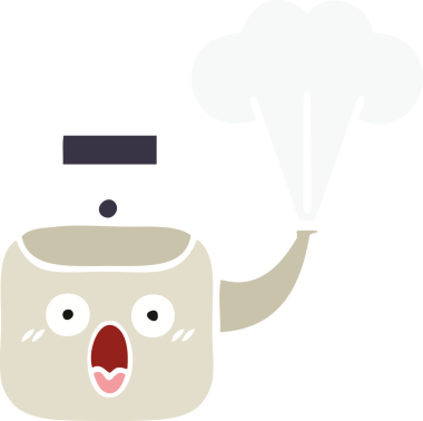 Bir insan tarafından çizilen dumanı tüten bir çaydanlığın düz renkli retro karikatürü