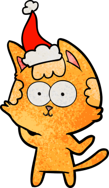 Mutlu el çizimi bir insan tarafından çizilmiş Noel Baba şapkası takan bir kedi.