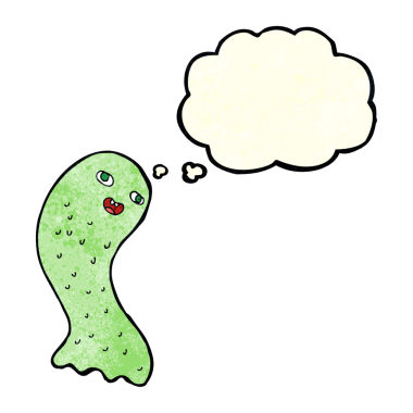 Bir insan tarafından çizilmiş düşünce baloncuklu komik çizgi film hayaleti.