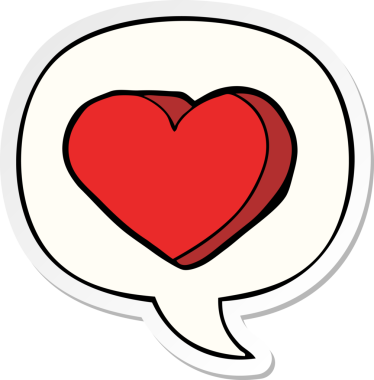 Bir insan tarafından çizilmiş konuşma kabarcığı çıkartmalı karikatür aşk kalbi.