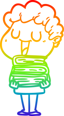 Gökkuşağı gradyan çizgisi bir insan tarafından çizilmiş kitapları olan gülen bir karikatür adamı çiziyor.