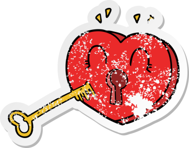 Bir insan tarafından çizilmiş anahtarı olan karikatür bir kalbin sıkıntılı çıkartması.