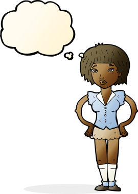 Bir insan tarafından çizilmiş düşünce baloncuğu olan elleri kalçasında çizgi film kadını.