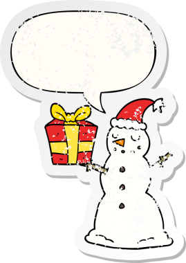 Kardan adam ve konuşma baloncuğu bir insan tarafından çizilmiş sıkıntılı eski bir çıkartma.