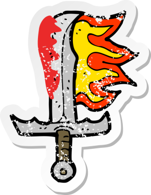 Bir insan tarafından çekilen kanlı bir kılıcın gerilemiş retro çıkartması.