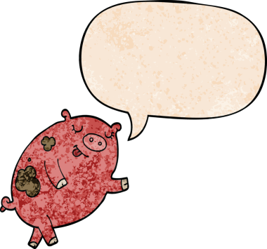 Bir insan tarafından çizilmiş eski moda konuşma baloncuklu dans eden domuz.