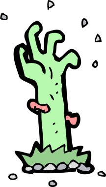 Bir insan tarafından çizilmiş bir mezardan yükselen zombi çizgi filmi.