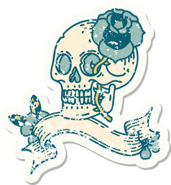 Bir insan tarafından çizilmiş kafatası ve gülü olan eski bir etiket.