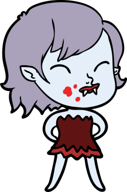 Bir insan tarafından çizilmiş yanağında kan olan vampir kız çizgi filmi.