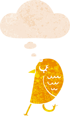 Düşünce baloncuğu ve grunge ile çizgi film kuşu bir insan tarafından çizilmiş sıkıntılı retro tarzı