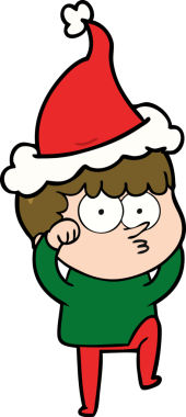 Bir insan tarafından çizilmiş Noel Baba şapkası takan, inançsızlıkla gözlerini ovuşturan meraklı bir çocuğun el çizimi