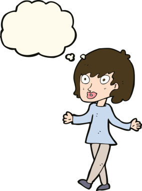 Bir insan tarafından çizilmiş düşünce balonlu açık kollu çizgi film kadını.