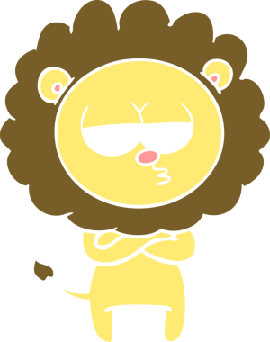 Bir insan tarafından çizilmiş düz renkli çizgi film yorgun aslan