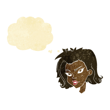 Bir insan tarafından çizilmiş düşünce baloncuklu kadın yüzü.