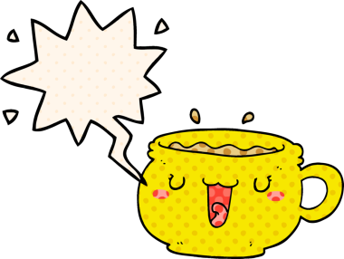 Bir insan tarafından çizilmiş çizgi roman tarzında konuşma balonu olan şirin bir kahve fincanı.