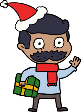 El çizgisi çizilmiş bıyıklı ve noel hediyeli bir adam Noel Baba şapkası giymiş bir insan tarafından çizilmiş.