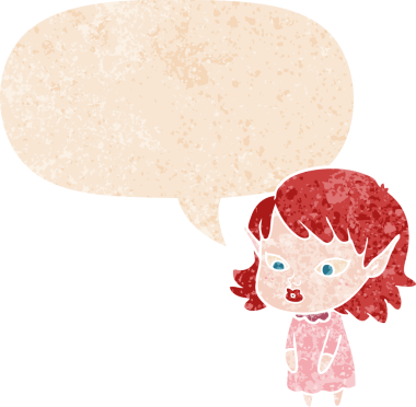 Çizgi film kızı sivri kulaklı, grunge 'da konuşma baloncuğu olan sıkıntılı eski moda bir insan tarafından çizilmiş.