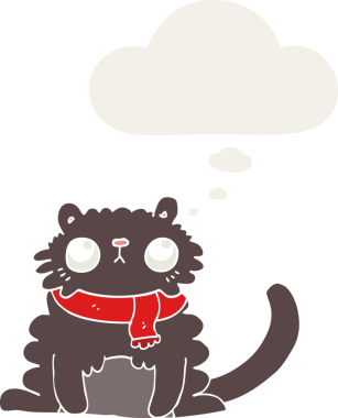 Düşünce baloncuğu olan çizgi film kedisi insan tarafından çizilmiş.