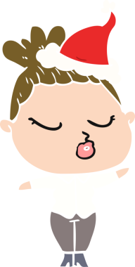 Bir insan tarafından çizilmiş Noel Baba şapkası giyen sakin bir kadının düz renkli çizimi.