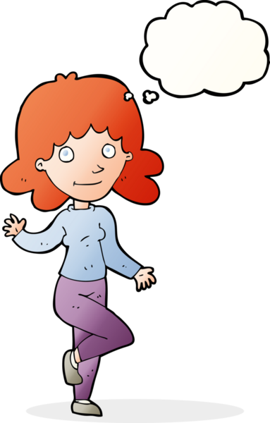 Karikatür dostu kadın bir insan tarafından çizilmiş düşünce balonuyla el sallıyor.