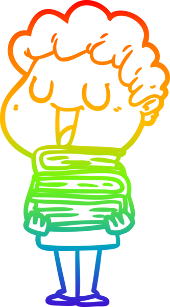 Gökkuşağı gradyan çizgisi bir insan tarafından çizilmiş kitapları olan gülen bir karikatür adamı çiziyor.