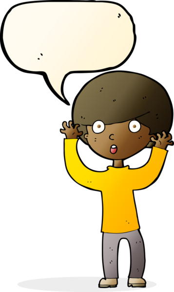 Bir insan tarafından çizilmiş konuşma balonuyla ürkmüş bir çocuk.