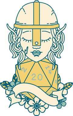 Retro Tattoo stili elf dövüşçüsü. Bir insan tarafından çizilmiş 20 zar ile.