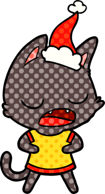 Konuşan kedi eli bir insan tarafından çizilmiş Noel Baba şapkasının çizgi roman çizimi.