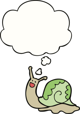 Bir insan tarafından çizilmiş düşünce kabarcığı olan sevimli çizgi film salyangozu.