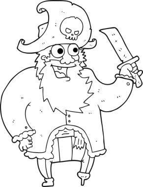 Bir insan tarafından çizilmiş siyah beyaz karikatür korsan kaptanı