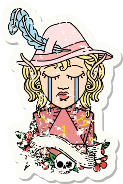 Ağlayan bir elf karakterinin grunge çıkartması. İnsan tarafından çizilmiş doğal bir d20 zar yüzlü.