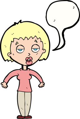 Bir insan tarafından çizilmiş konuşma baloncuğuyla omuz silken çizgi film kadını.