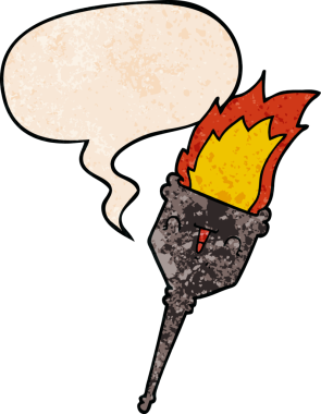 Bir insan tarafından çizilmiş eski dokuda konuşma baloncuğu olan çizgi film alevli kadehi.