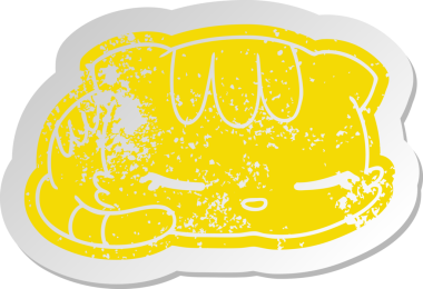 Sıkıntılı eski çizgi film etiketi kawaii bir insan tarafından çizilmiş tatlı uyuyan kedi yavrusu.