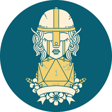 Retro Dövme Tarzı Ağlayan Elf Savaşçısı karakteri yüzü ve bir insan tarafından çizilmiş D20 rulosu.