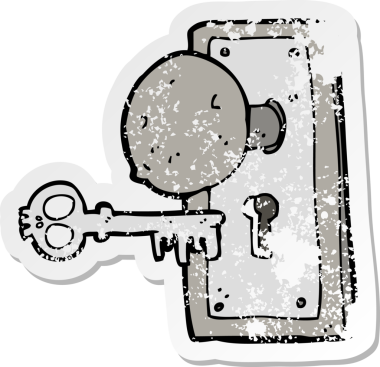 Bir insan tarafından çizilmiş, ürkütücü, eski bir kapı tokmağının geriletilmiş çıkartması.