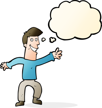 Bir insan tarafından çizilmiş düşünce baloncuğuyla dans eden mutlu adam çizgi filmi.