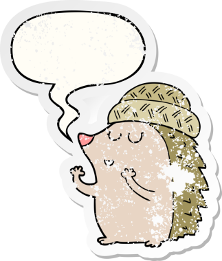 Çizgi film kirpisi şapkalı ve konuşma baloncuğu takan bir insan tarafından çizilmiş sıkıntılı eski bir çıkartma.