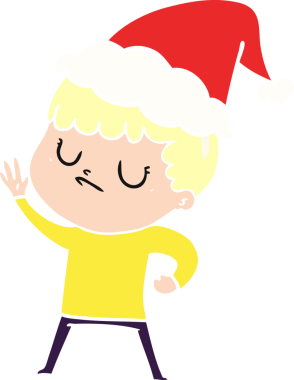 Bir insan tarafından çizilmiş Noel Baba şapkası giyen huysuz bir çocuğun düz renkli çizimi.