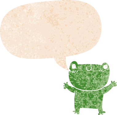 grunge 'da konuşma baloncuğu olan karikatür kurbağası bir insan tarafından çizilmiş dertli retro stil.