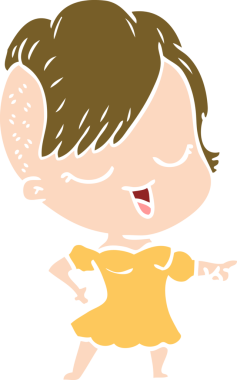 Bir insan tarafından çizilmiş mutlu düz renkli çizgi film kızı.