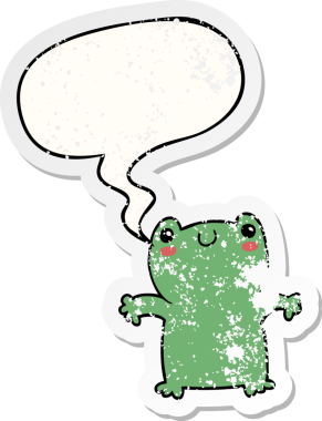Konuşma baloncuğu olan karikatür kurbağası bir insan tarafından çizilmiş sıkıntılı eski bir çıkartma