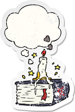 İnsan tarafından çizilmiş yıpranmış bir çıkartma gibi düşünce baloncuklu çizgi film hayaleti büyü kitabı.